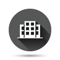 Building icon in flat style. Town skyscraper apartment vector illustration on black round background with long shadow effect. City tower circle button business concept.