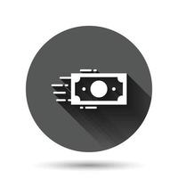 Money stack icon in flat style. Exchange cash vector illustration on black round background with long shadow effect. Banknote bill circle button business concept.