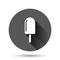 icono de helado en estilo plano. ilustración de vector de sundae sobre fondo redondo negro con efecto de sombra larga. concepto de negocio de botón de círculo de postre de sorbete.