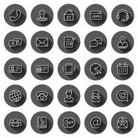 Contact icon set in flat style. Phone communication vector illustration on black round background with long shadow effect. Website equipment circle button business concept.