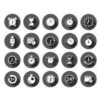 icono de tiempo establecido en estilo plano. ilustración de vector de reloj de agenda sobre fondo redondo negro con efecto de sombra larga. reloj de arena, concepto de negocio de botón de círculo de temporizador de reloj de pulsera.