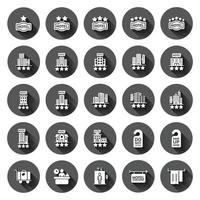 Hotel icon set in flat style. Booking vector illustration on black round background with long shadow effect. Vacation reservation circle button business concept.