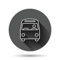 icono de autobús en estilo plano. Ilustración de vector de entrenador sobre fondo redondo negro con efecto de sombra larga. concepto de negocio de botón de círculo de vehículo autobus.