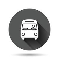 icono de autobús en estilo plano. Ilustración de vector de entrenador sobre fondo redondo negro con efecto de sombra larga. concepto de negocio de botón de círculo de vehículo autobus.