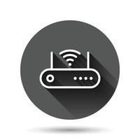 Wifi router icon in flat style. Broadband vector illustration on black round background with long shadow effect. Internet connection circle button business concept.