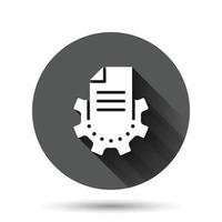 Document with gear icon in flat style. Big data processing vector illustration on black round background with long shadow effect. Paper sheet software solution circle button business concept.