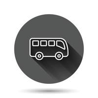 icono de autobús en estilo plano. Ilustración de vector de entrenador sobre fondo redondo negro con efecto de sombra larga. concepto de negocio de botón de círculo de vehículo autobus.