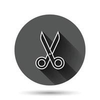 Scissor icon in flat style. Cut equipment vector illustration on black round background with long shadow effect. Cutter circle button business concept.