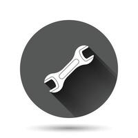 Wrench icon in flat style. Spanner key vector illustration on black round background with long shadow effect. Repair equipment circle button business concept.