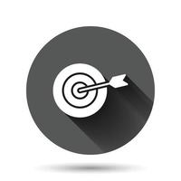 Target aim vector icon in flat style. Darts game illustration on black round background with long shadow effect. Dartboard sport target circle button business concept.