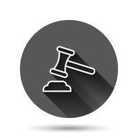 Auction hammer icon in flat style. Court sign vector illustration on black round background with long shadow effect. Tribunal circle button business concept.