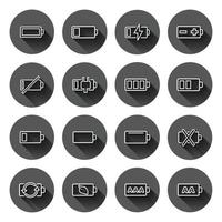 Battery charge icon set in flat style. Power level vector illustration on black round background with long shadow effect. Lithium accumulator circle button business concept.