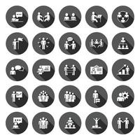 Business communication icon set in flat style. Team structure vector illustration on black round background with long shadow effect. Office teamwork circle button business concept.