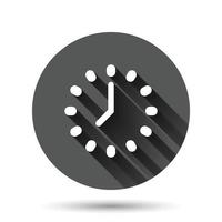 Clock icon in flat style. Watch vector illustration on black round background with long shadow effect. Timer circle button business concept.