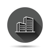 Building icon in flat style. Town skyscraper apartment vector illustration on black round background with long shadow effect. City tower circle button business concept.