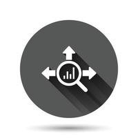 icono de tendencia del mercado en estilo plano. flecha de crecimiento con ilustración de vector de lupa sobre fondo redondo negro con efecto de sombra larga. aumentar el concepto de negocio del botón circular.