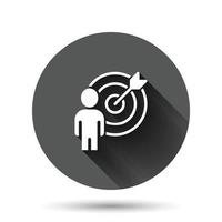 People target icon in flat style. Search human vector illustration on black round background with long shadow effect. Job recruitment circle button business concept.