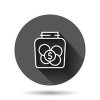 Money box icon in flat style. Coin jar container vector illustration on black round background with long shadow effect. Donation moneybox  circle button business concept.