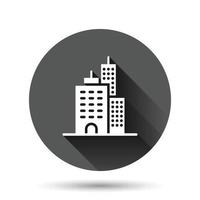 Building icon in flat style. Town skyscraper apartment vector illustration on black round background with long shadow effect. City tower circle button business concept.