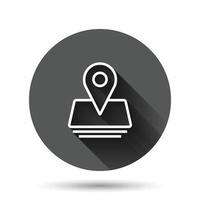 Map pin icon in flat style. gps navigation vector illustration on black round background with long shadow effect. Locate position circle button business concept.