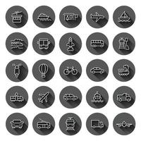 Transport icon set in flat style. Car vector collection illustration on black round background with long shadow effect. Shipping transportation circle button business concept.