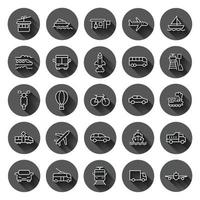 Transport icon set in flat style. Car vector collection illustration on black round background with long shadow effect. Shipping transportation circle button business concept.