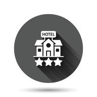 icono de signo de hotel 3 estrellas en estilo plano. posada edificio ilustración vectorial sobre fondo negro redondo con efecto de sombra larga. concepto de negocio de botón de círculo de habitación de albergue. vector