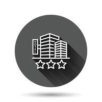 icono de signo de hotel 3 estrellas en estilo plano. posada edificio ilustración vectorial sobre fondo negro redondo con efecto de sombra larga. concepto de negocio de botón de círculo de habitación de albergue. vector