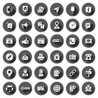 Contact us icon set in flat style. Mobile communication vector illustration on black round background with long shadow effect. Phone call circle button business concept.