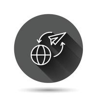 Global travel icon in flat style. Paper plane vector illustration on black round background with long shadow effect. International transport circle button business concept.