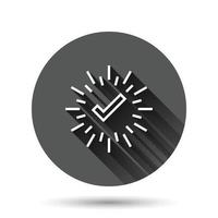 Check mark sign icon in flat style. Confirm button vector illustration on black round background with long shadow effect. Accepted circle button business concept.