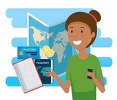 mujer turista con mapa global y pasaporte vector