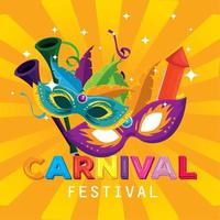 carnival masks with feathers decoration and firework to party vector