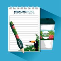 tropical design with notebook and plastic coffee cup vector