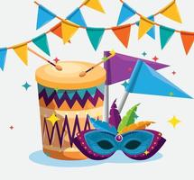 drum with flag and mask decoration with feathers to carnival vector