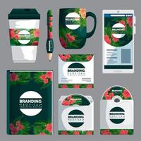 conjunto de productos tropicales de marca cómo libros y sobres de cd vector