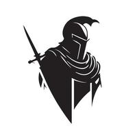 Medieval knight in armor, vector logo. Simple clean modern icon of a warrior with shield and helmet going to battle. Military soldier. Idea of protection, security. Business mascot. Sword badge.