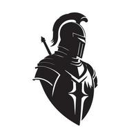 Medieval knight in armor, vector logo. Simple clean modern icon of a warrior with shield and helmet going to battle. Military soldier. Idea of protection, security. Business mascot. Sword badge.