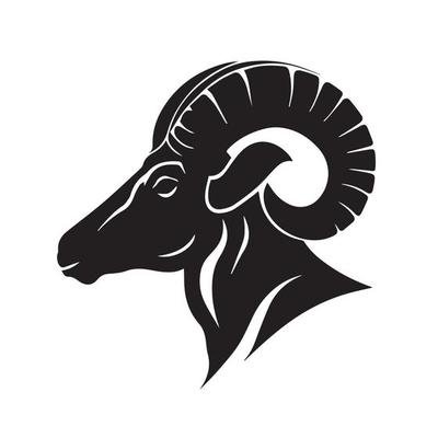 Ram vector icon. Minimal modern black and white illustration of sheep head. Zodiac sign animal.