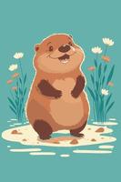 Cute happy beaver drawing. Friendly fiunny wild animal. Vector art of cartoon character.