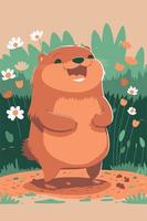 Cute happy beaver drawing. Friendly fiunny wild animal. Vector art of cartoon character.