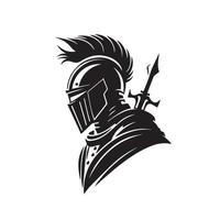 Medieval knight in armor, vector logo. Simple clean modern icon of a warrior with shield and helmet going to battle. Military soldier. Idea of protection, security. Business mascot. Sword badge.