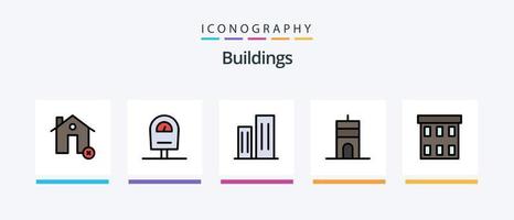 la línea de edificios llenó el paquete de 5 iconos, incluida la puerta. signo. edificios tienda. menos. diseño de iconos creativos vector