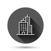 Building icon in flat style. Town skyscraper apartment vector illustration on black round background with long shadow effect. City tower circle button business concept.