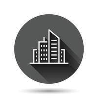 Building icon in flat style. Town skyscraper apartment vector illustration on black round background with long shadow effect. City tower circle button business concept.