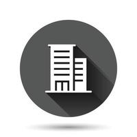 Building icon in flat style. Town skyscraper apartment vector illustration on black round background with long shadow effect. City tower circle button business concept.