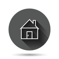 Building icon in flat style. Home vector illustration on black round background with long shadow effect. House circle button business concept.