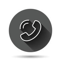 Mobile phone icon in flat style. Telephone talk vector illustration on black round background with long shadow effect. Hotline contact circle button business concept.