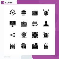 16 User Interface Solid Glyph Pack of modern Signs and Symbols of video sync media data ball of wool Editable Vector Design Elements