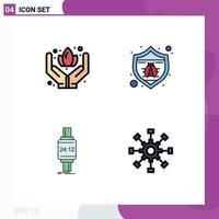 Mobile Interface Filledline Flat Color Set of 4 Pictograms of hand watch protection bug android Editable Vector Design Elements
